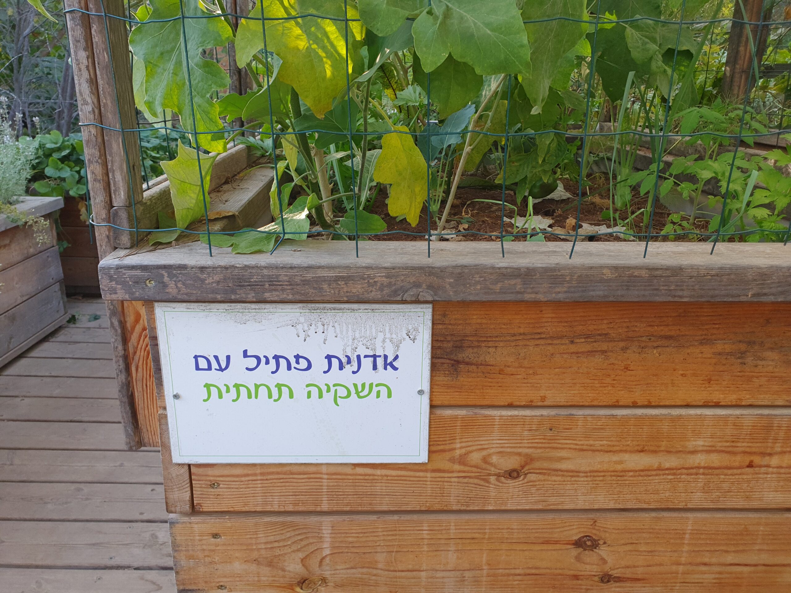 Hochbeet mit Hinweisschild zur unterirdischen Dochtbewaesserung in einem Schaugarten