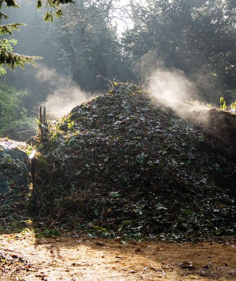 Ein offener Komposthaufen mit organischem Material im Garten