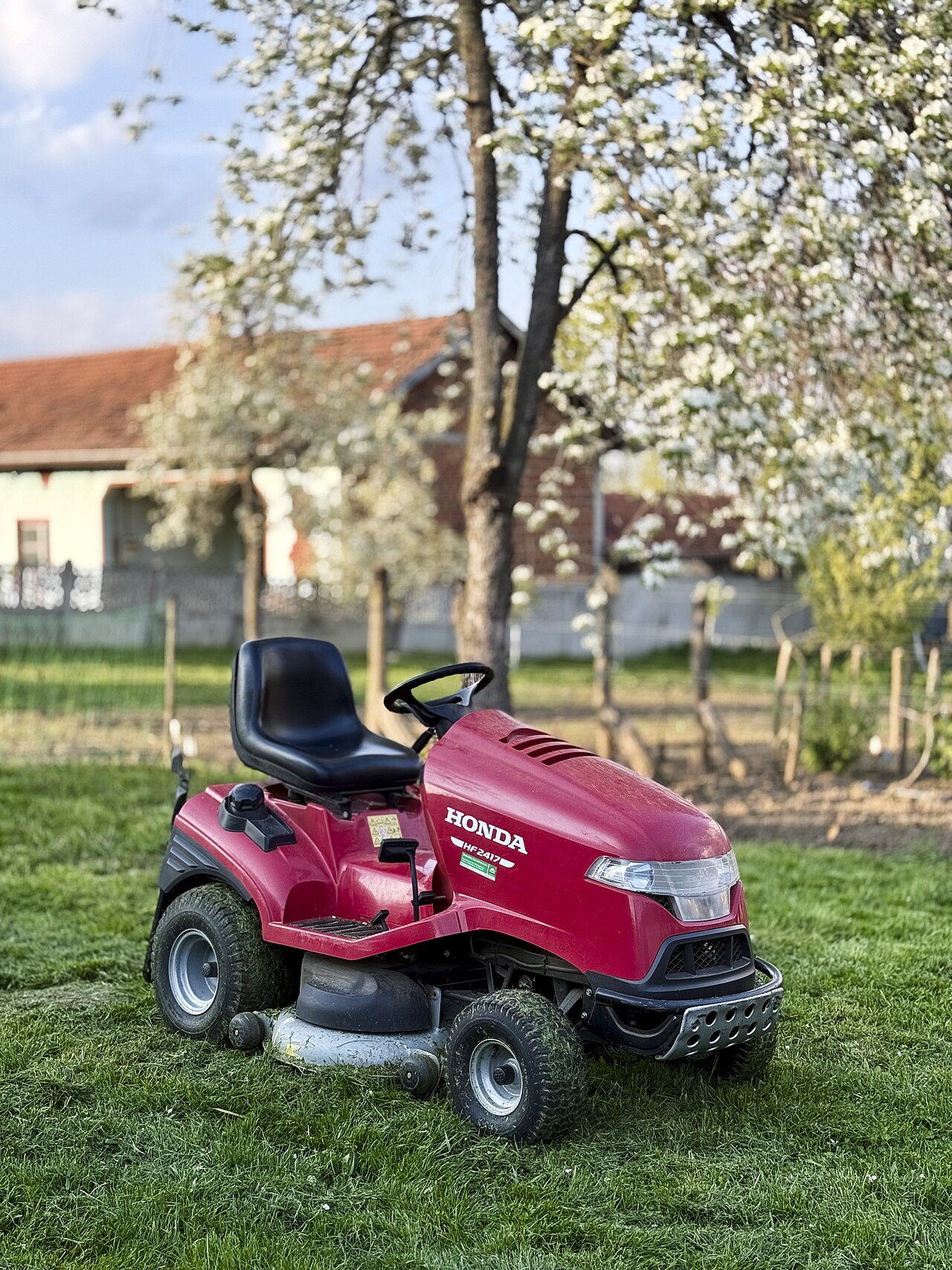 Roter Aufsitzrasenmäher steht auf frisch gemähtem grünen Rasen